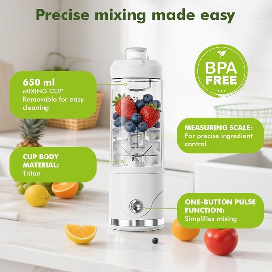 Draagbare Blender - Smoothie Maker - Gezonde Drankjes Maken - Zelfreinigende Functie - 650ml Capaciteit - Wit — afbeelding 3