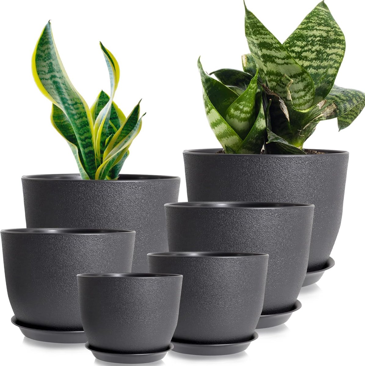 SnelShoppen - Bloempot Set van 6 Plantenpotten met Onderzetter, 25/23/20/18/16/13 cm, Zwarte Bloempotten met Drainagegaten, Ideaal voor Binnen en Balk