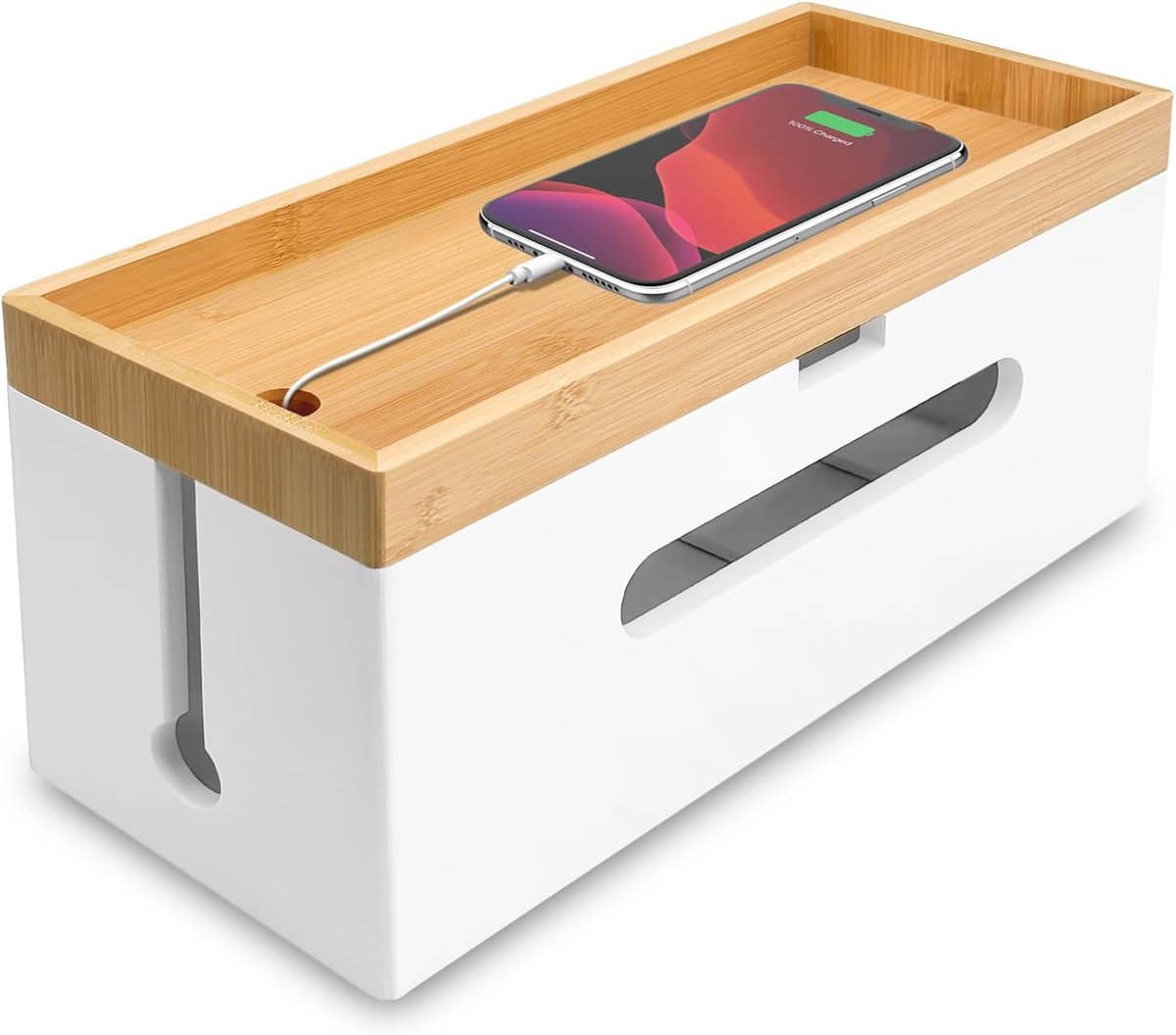 Cable Box Wood (White/Large) Made of Durable Bamboo - Cable Management Box to Hide Cables - ShopVlot
