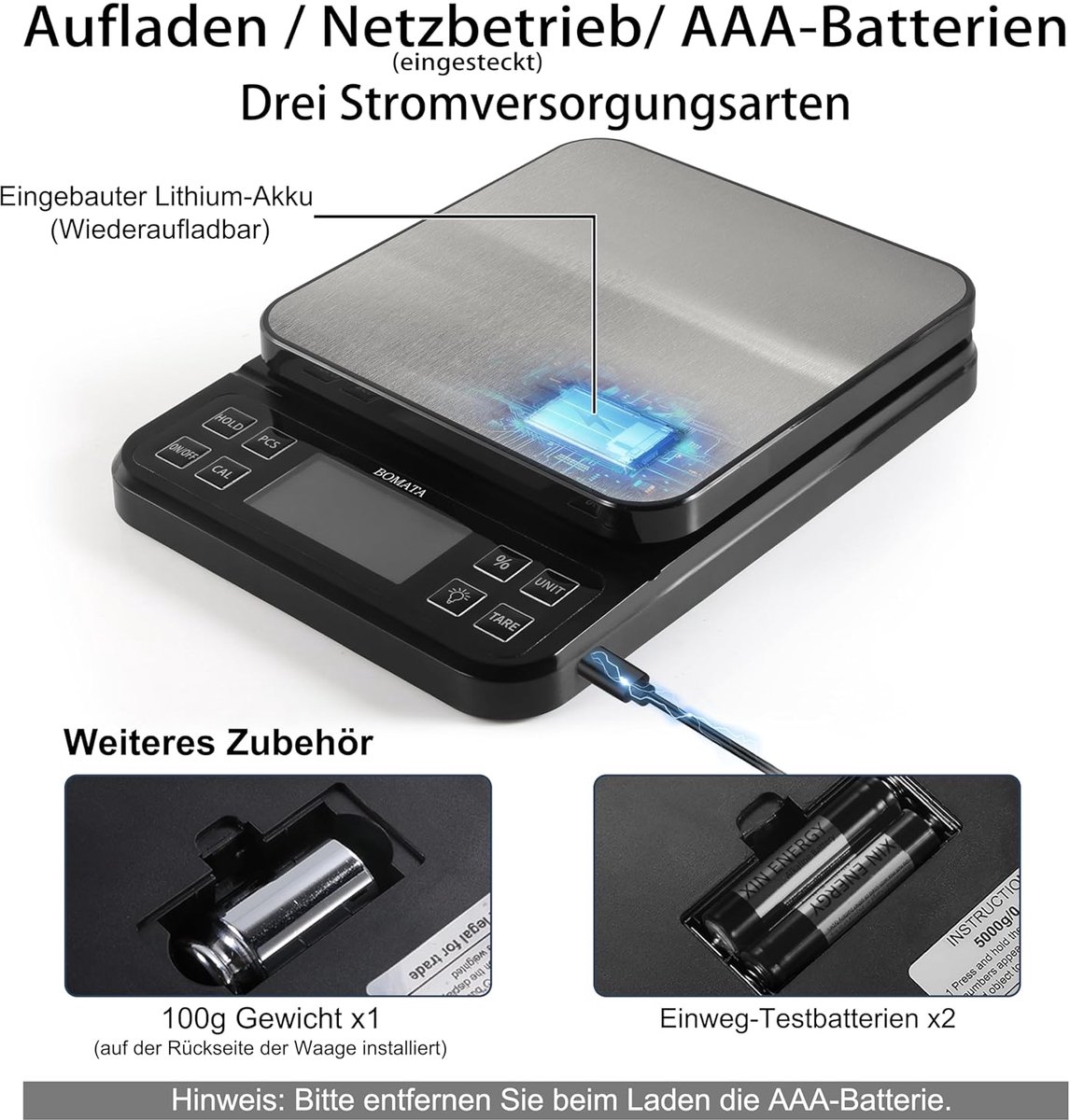 SnelShoppen - Grote digitale keukenweegschaal 0.1g/5kg - Nauwkeurige bakkerijweegschaal met % percentage functie - USB oplaadbaar - Roestvrijstalen we