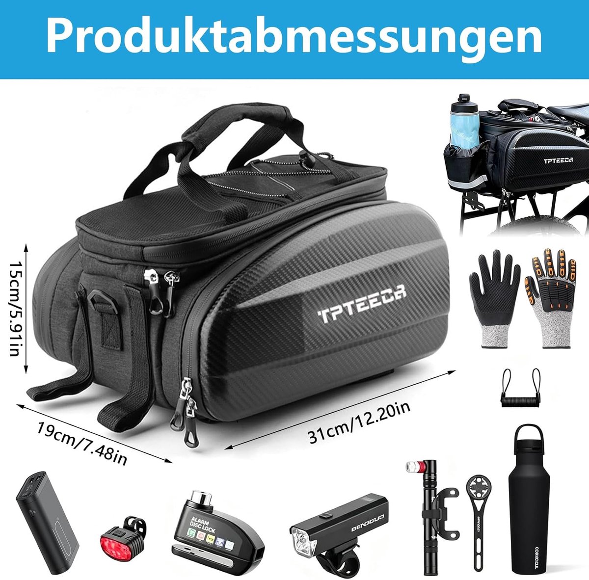 SnelShoppen - 3-in-1 Fietstas voor Bagagedrager, 15 Liter, Waterdichte EVA Fietstas met Schouderriem, Reflectoren voor Mountainbike en Racefiets (Zwar