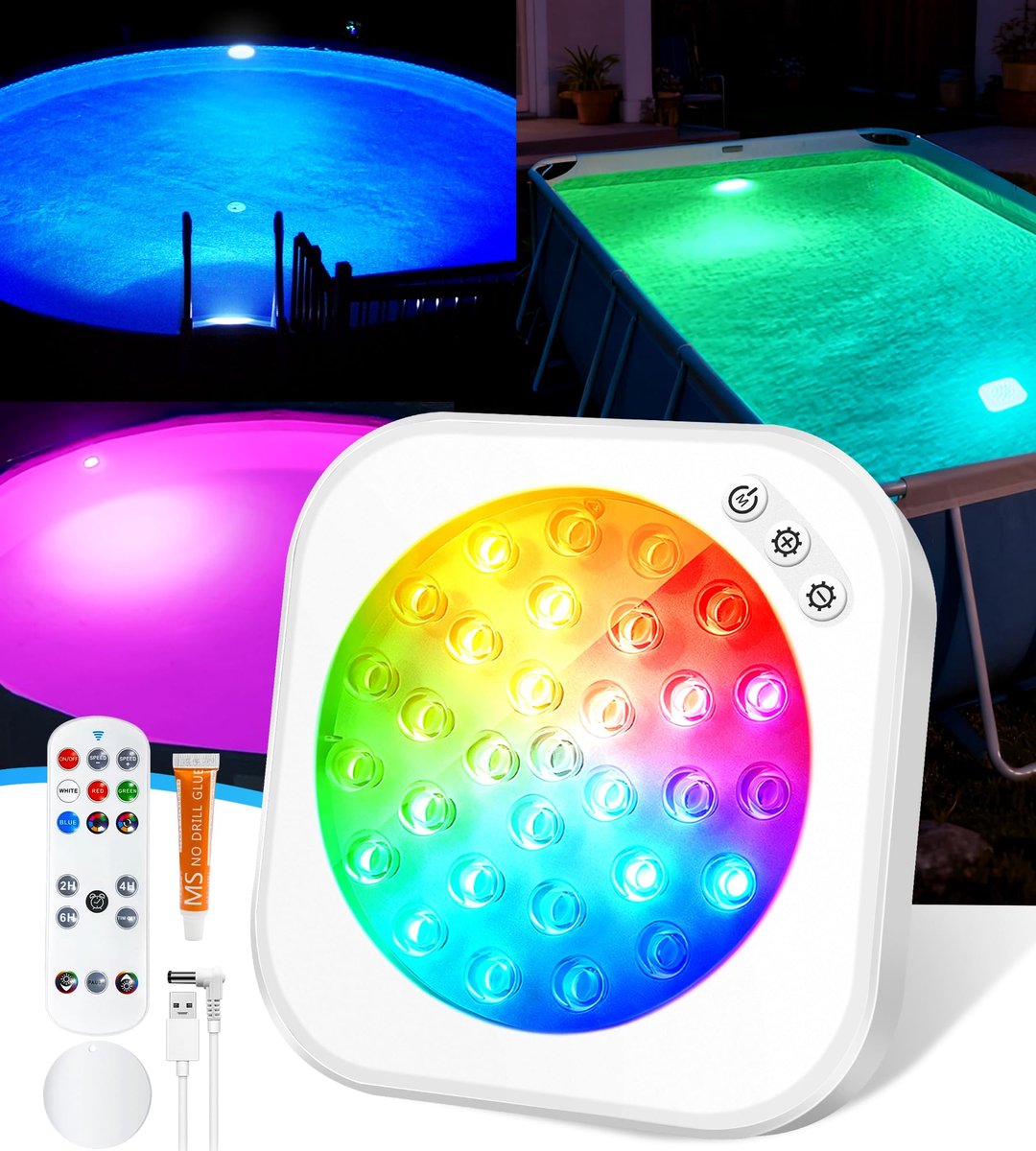 SnelShoppen - Draadloos zwembadlicht met afstandsbediening, oplaadbaar en dompelbaar, 9 verlichtingsmodi, magnetische zwembadverlichting voor bovengro