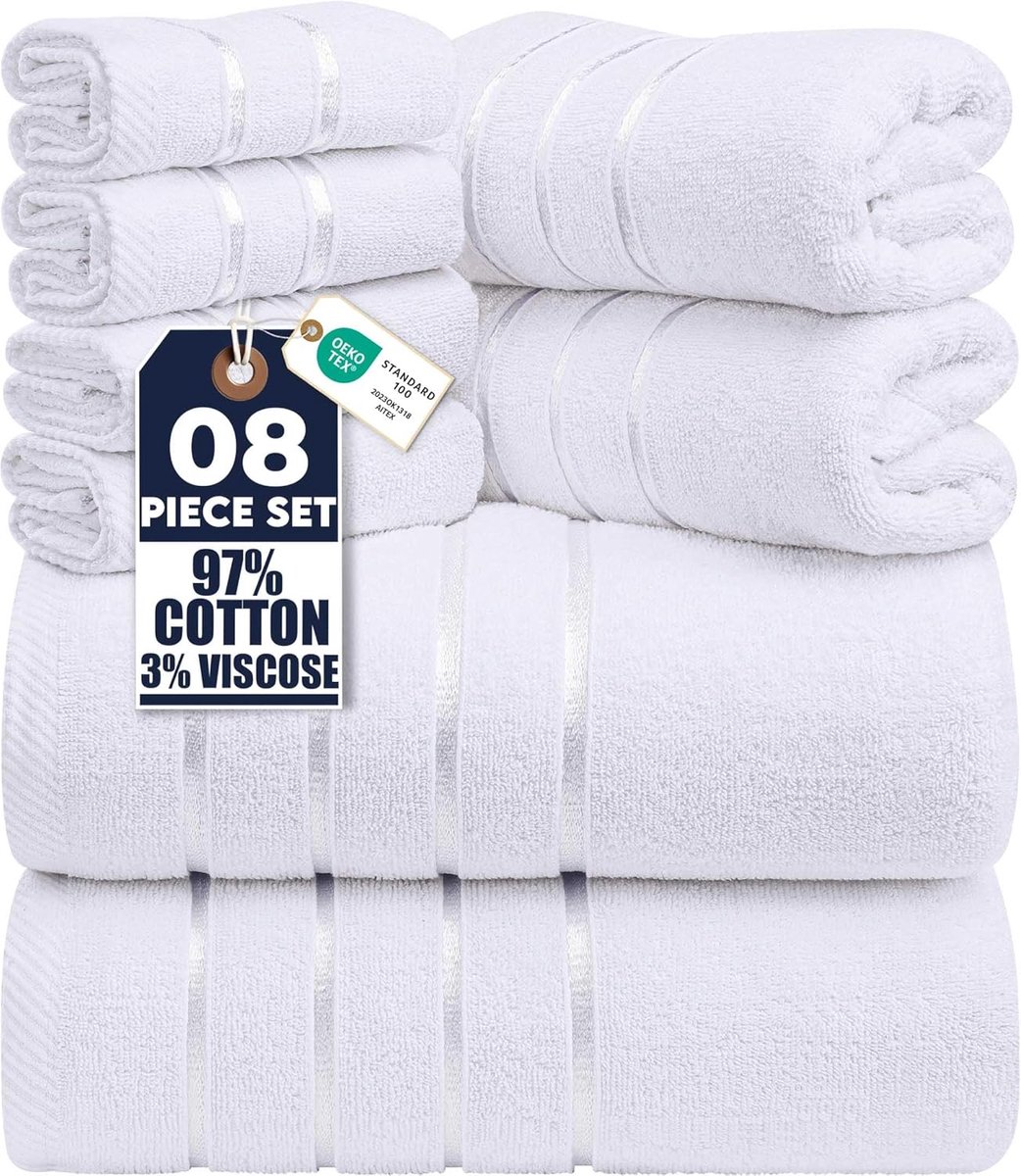 SnelShoppen - Luxe 8-delige Handdoekset - 2 Badhanddoeken, 2 Handdoeken, 4 Washandjes - 97% Ring-Spun Katoen - Ultra-Absorberend en Sneldrogend - Wit