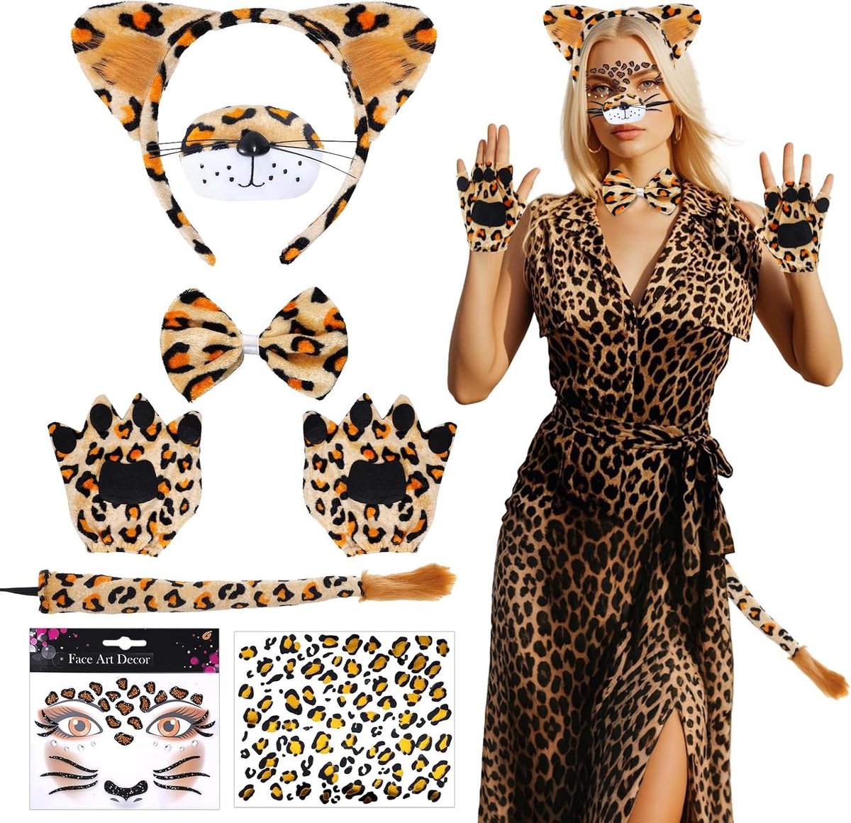 Leopard Kostuum Set met Gezichtsartiest Stickers, Handschoenen, Hoofdband en Strik voor Carnaval en Halloween Accessoires