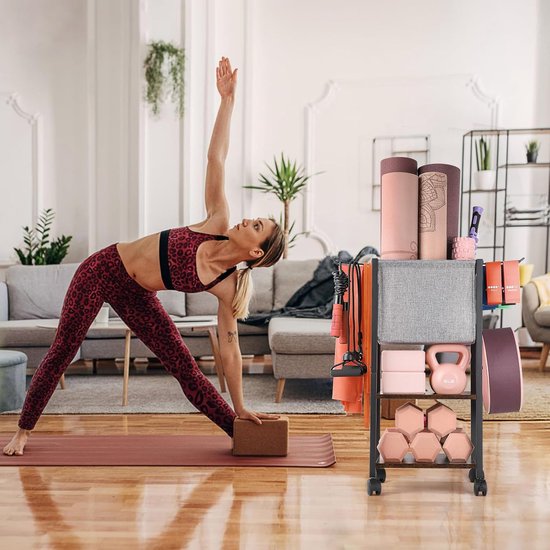 SnelShoppen - Yoga Mat Opbergrek, Multilaags Yoga Mat Houder, Fitness Apparatuur, Dumbbell Rek met Haakjes en Wielen, Thuis Gym Workout Opbergoplossin van Snelshoppen — afbeelding 2