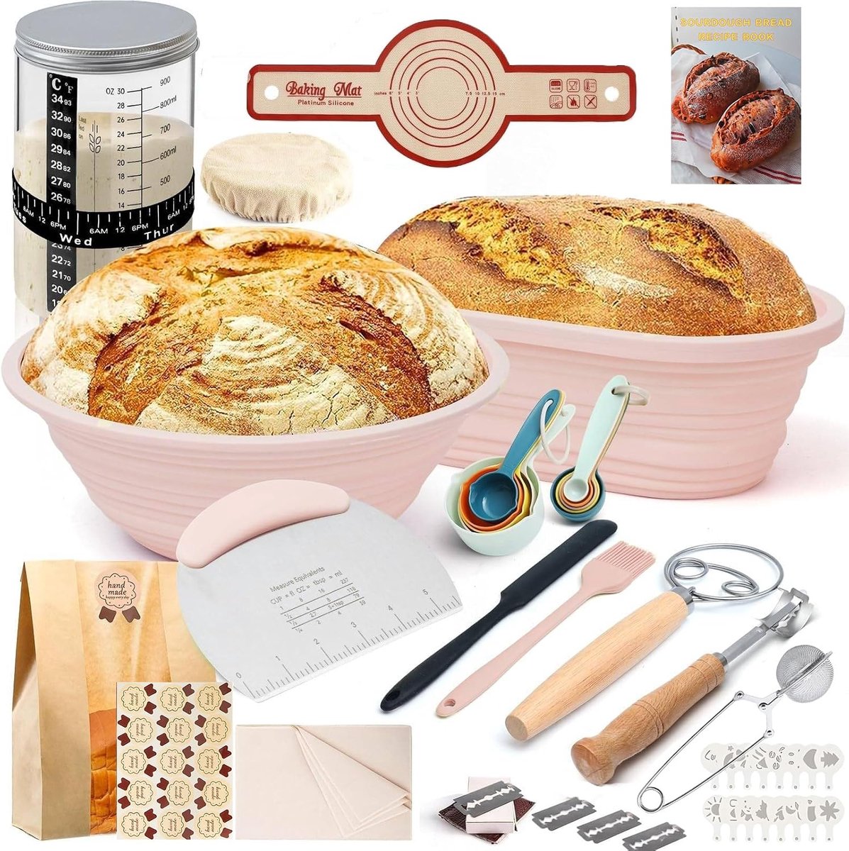Zuurdeeg starterset 18-delig met 900 ml zuurdeegglas, inklapbare siliconen gistmand (25 cm ovaal en 23 cm rond) - ShopVlot