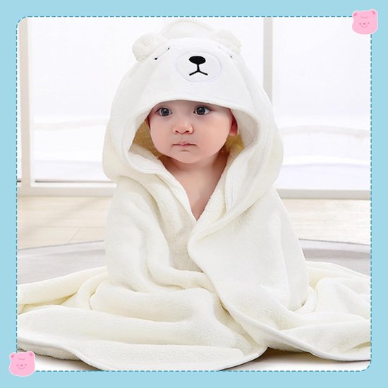 SnelShoppen - 2 Stuks Zachte Babyhanddoek met Capuchon, Super Absorberende Badhanddoek voor Baby's en Peuters, Witte Beer en Blauwe Uil (80 x 80 cm) — afbeelding 3