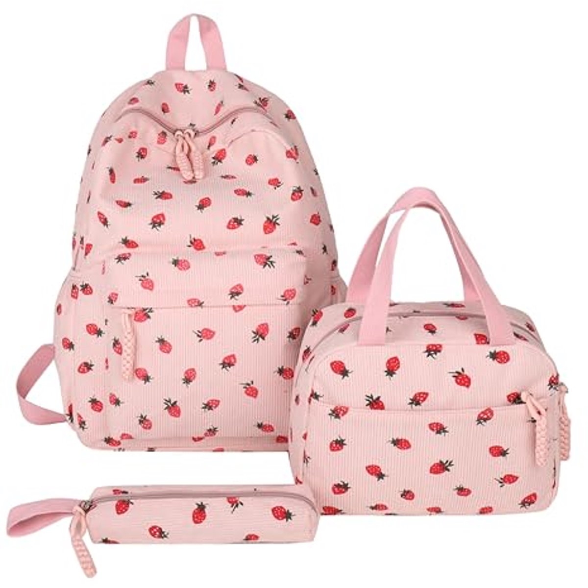 LISM-Meisjesrugzak - Leuke aardbeienkleurige corduroy 3-in-1 rugzak, inclusief fleece lunchbox en etui, geschikt voor meisjes van 8-10 jaar - Roze