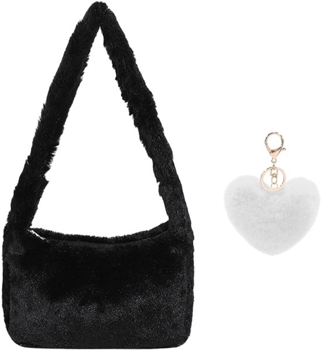 Schoudertas grote capaciteit - Pluche tas - Dameshandtas - Hanger 9 cm - Zwart - Comfortabel en duurzaam - Handtas