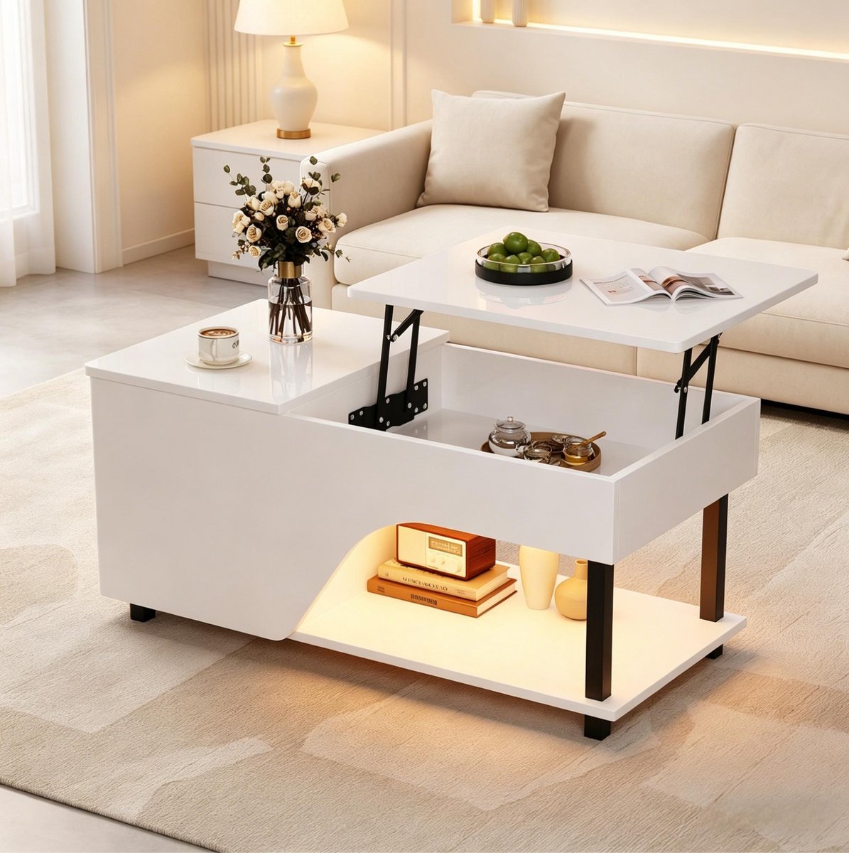 REDOM - Salontafel - Hoogteverstelbaar en verborgen opbergruimte - Hoogglans tafelblad - Metaal en spaanplaat - Modern - Woonkamer - Wit - 50 x 100 x 46 cm
