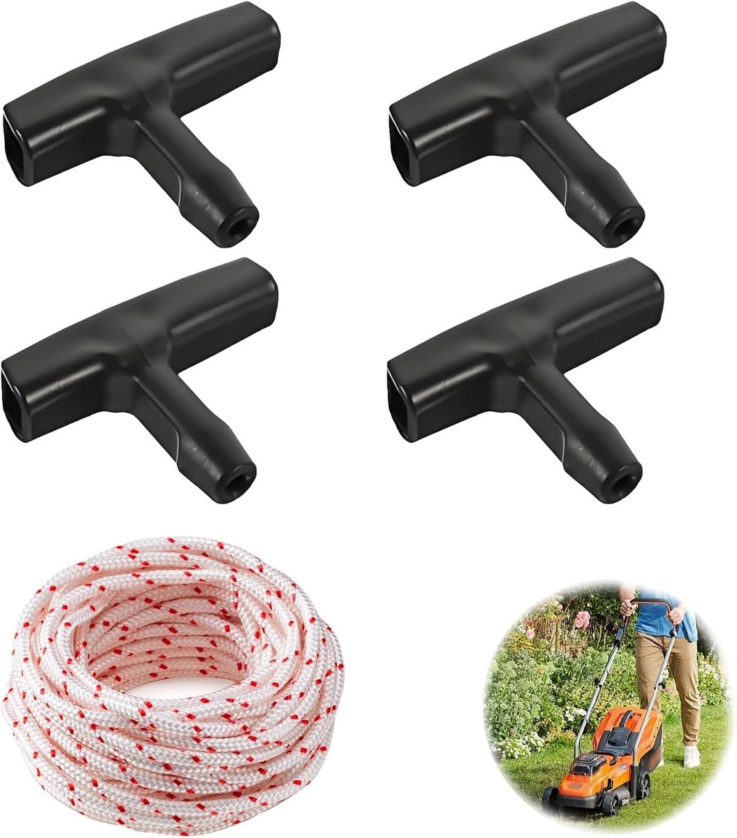 Duurzaam starttouw voor grasmaaiers, 10 m polyester, 4 mm dik, met 4 handgrepen voor kettingzagen en bosmaaiers, praktische set voor tuinonderhoud en maaien
