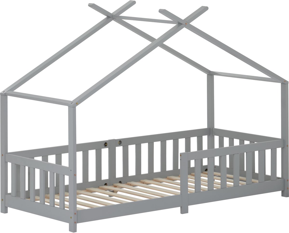 Kinderbed 90x200 cm - Huisbed met Uitvalbeveiliging - Massief Grenenhout - Grijs Bed met Dak - Inclusief Lattenbodem - Tienerbed voor Kinderkamer