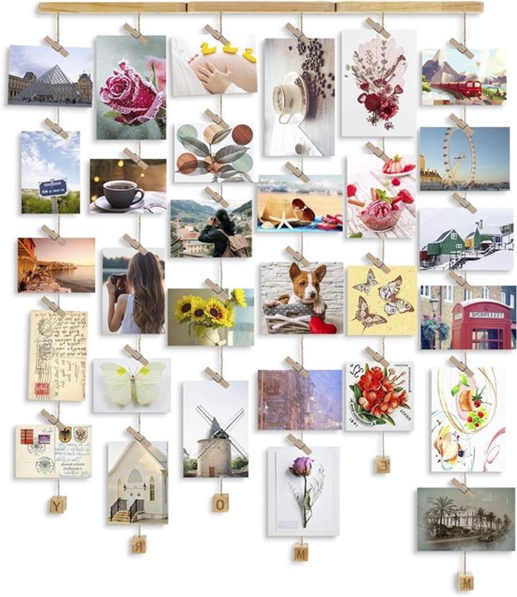 Geheugen Fotolijst Collage van Hout met 30 Kleine Houten Clips, Perfect Cadeau voor Verjaardag, Bruiloft en Kerstfeest