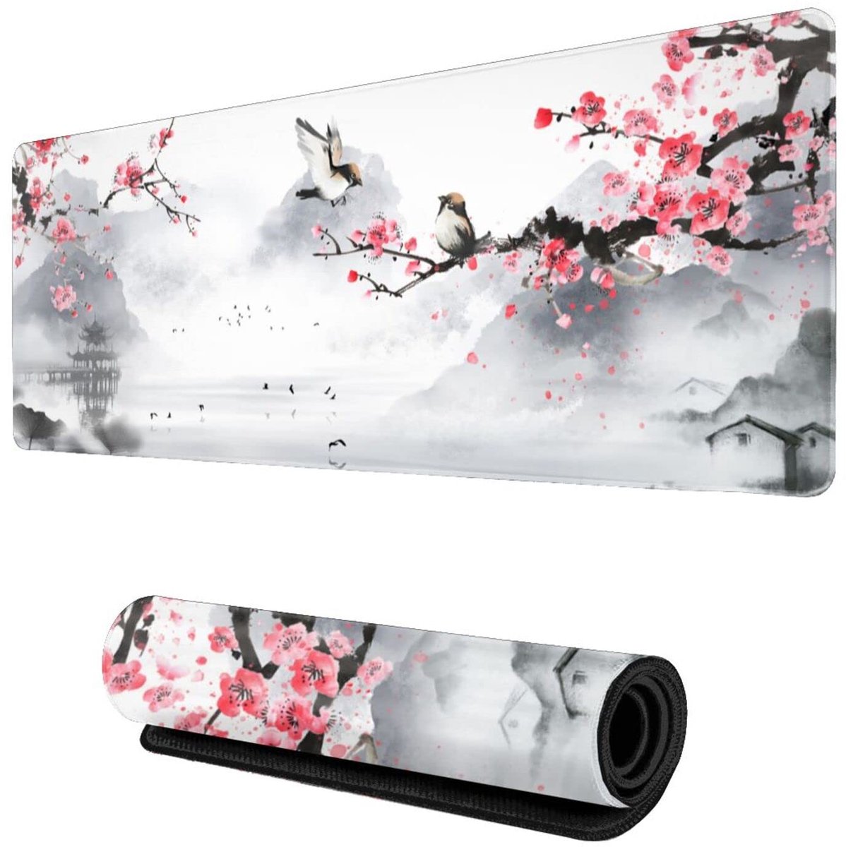 Gaming muismat - Grote Muismat 80 x 30 cm - Bergen en Rivieren - Chinese Inktschildering Bureauonderlegger - XXL Muismat met Antislip Rubberen Onderkant - Waterafstotend en Gestikte Rand - Voor Kantoor, Thuis en Gaming