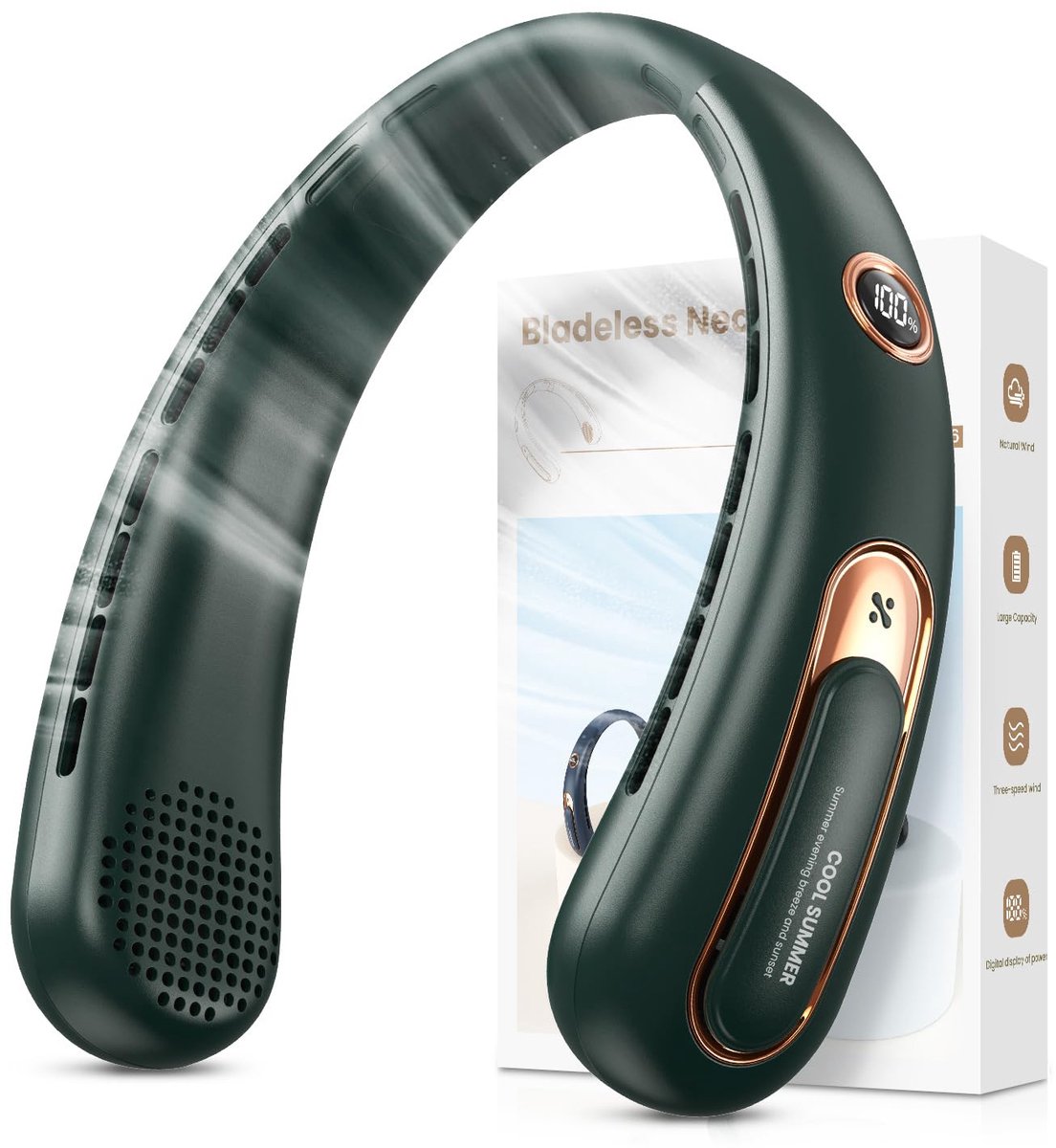 SnelShoppen - Oplaadbare Nekventilator 4000mAh USB, 3 Snelheden, 360° Luchtstroom, Stille Ventilator voor Kantoor, Reizen, Sport, Buiten - Groen