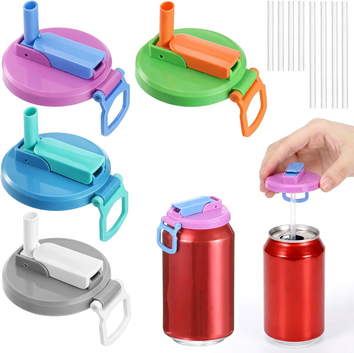 Blikdeksels Met Rietjes - 4 Stuks - Herbruikbare Blikjesdeksels - Drinkbeschermer - Rietjes - Drankblikjes - Deksels - Blikjes Cover - Lekvrije Drankdeksels - BPA Vrij - Universeel - Geschikt Voor Frisdrank, Cola, Limonade
