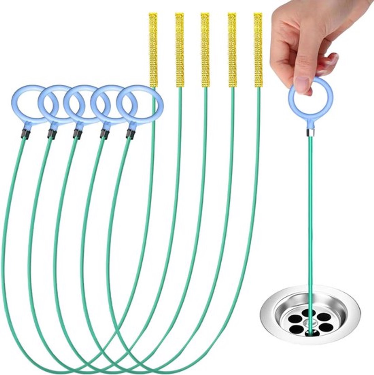 Afvoerreiniger sticks, 5 stuks, reinigingsspiraal afvoer, 90 cm lang, herbruikbaar, badkamer keuken reiniging