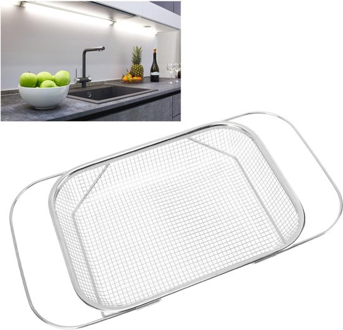 Uitbreidbaar RVS Zeefmand voor Boven de Wasbak met Fijnmazige Handvatten voor Fruit en Groenten, Ideaal voor Keuken en Koken