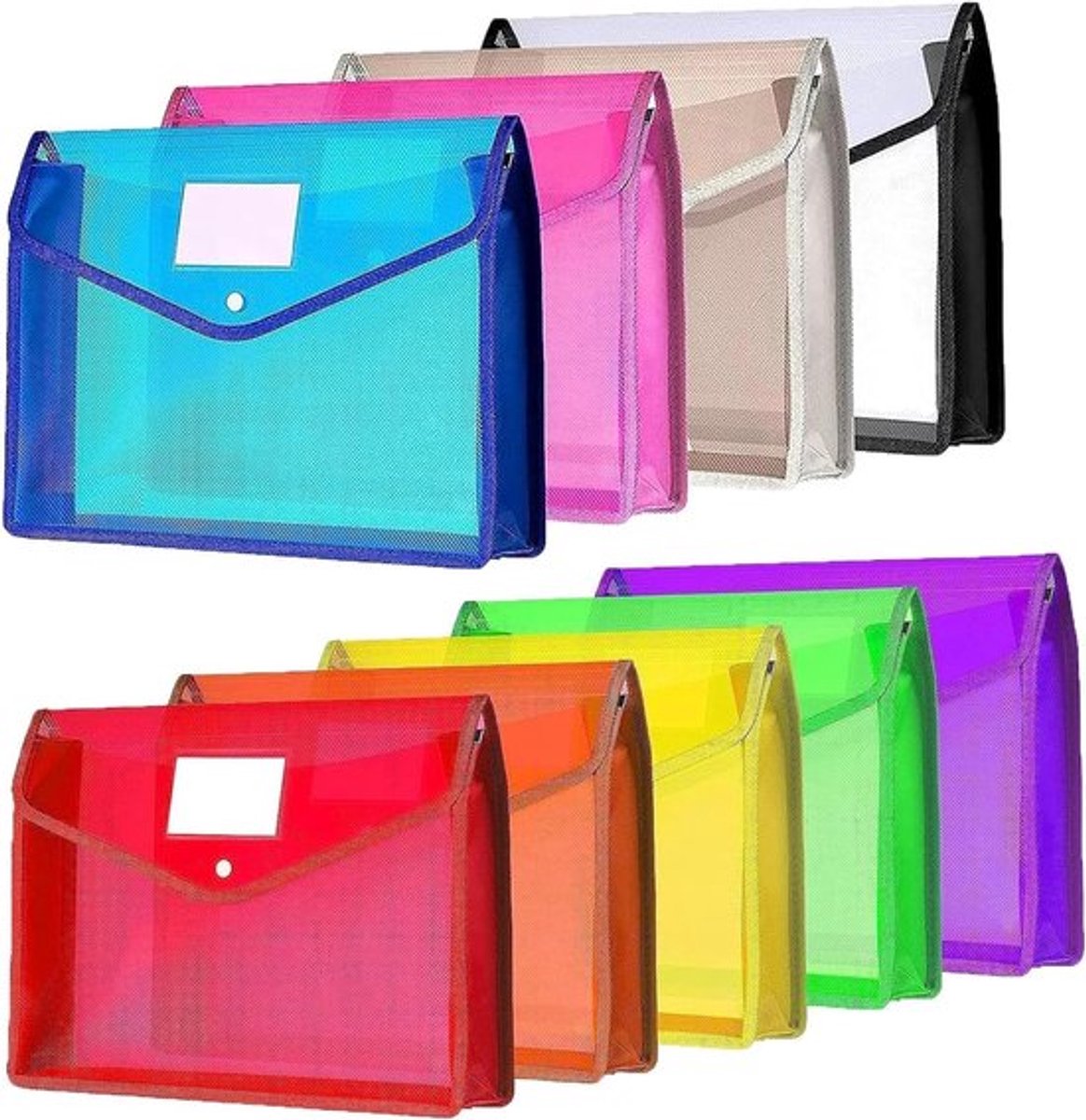 Set van 9 A4 Documentmappen van Plastic, Ideaal voor Kantoor, School en Reizen, Verkrijgbaar in 9 Kleuren met Drukknop