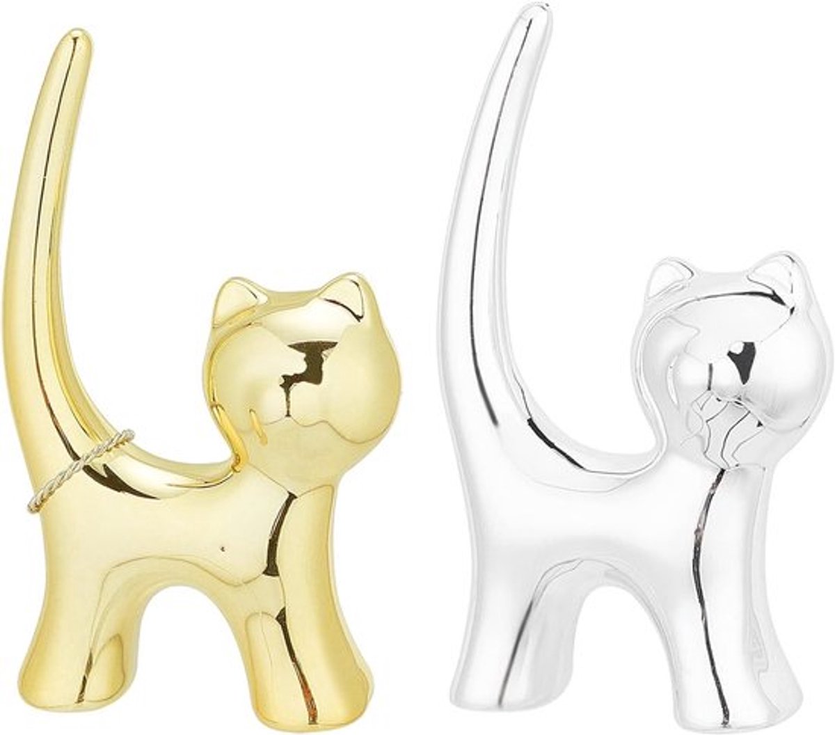 Kat Ring Houder Set van 2 - Zilver en Goudkleurig Porselein - Sieraden Display Decoraties voor Thuis - Verjaardag Bruiloft Festival Geschenken - 58.5x24x104mm.