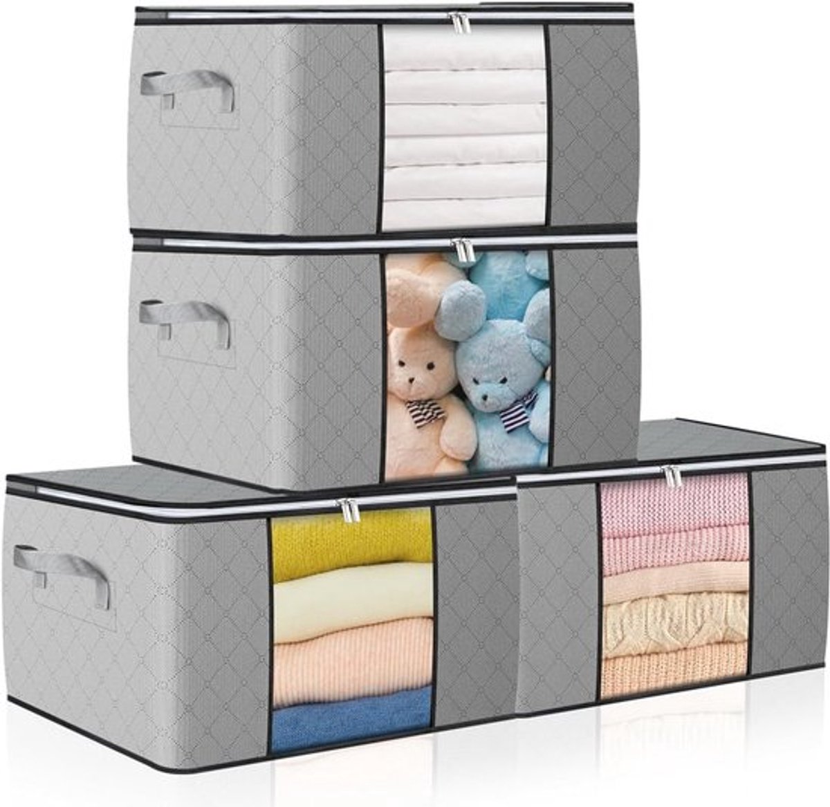 Set van 4 Onderbed Opbergdozen van Non-Woven Materiaal - Ruime Gymtas met Kettingtong - Grijs 60 x 43 x 35 cm voor Kleding, Dekens en Speelgoed