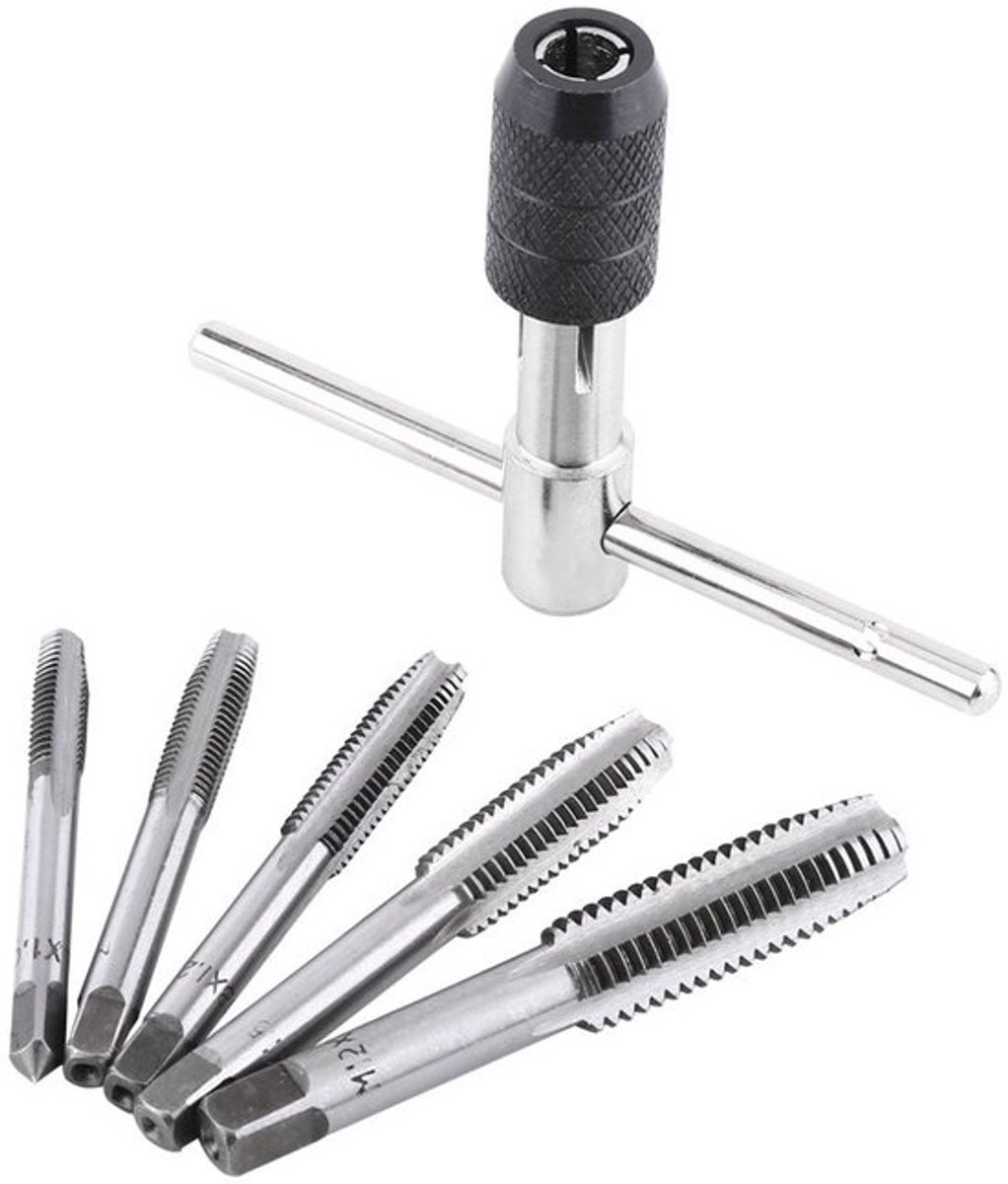 Schroeftap 6-delig - Verstelbare T-vormige Sleutel - Draadfreeskranen - Handgereedschap - Geschikt voor kunststof/aaluminium - Ideaal voor draadverwerking - Taps