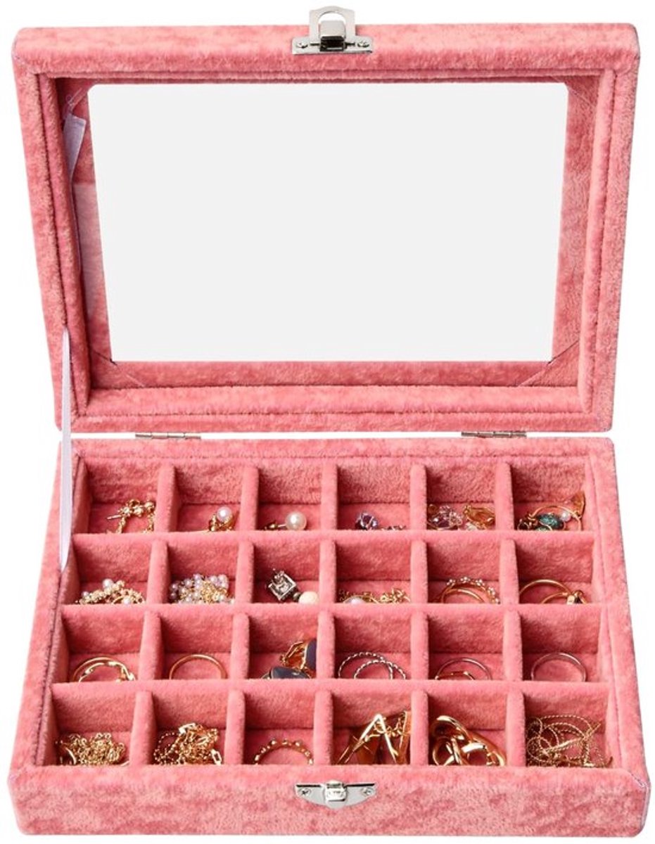 Sieradenlade 24 Compartimenten - Afneembare Sieraden Showcase - Doorzichtige Deksel - Fluwelen Organizer - Afmeting 20,5 x 15 x 5 cm - Zacht en Praktisch - Sieradenorganizer