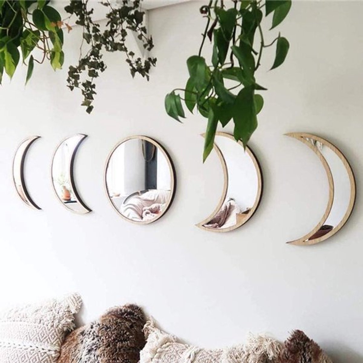 Maanfase Spiegel Set - 5 stuks - Acryl Frame - Decoratieve Muur Spiegel - Houten Frame - Home Decor - Hangende Spiegel - Woonkamer Slaapkamer - Geassorteerde kleur - Maanfase.
