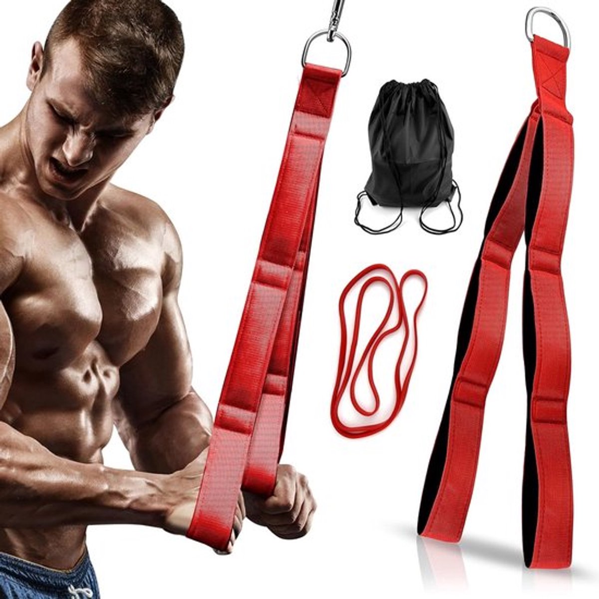Triceps touw- en kabelaccessoire voor spierversterking, geschikt voor thuis en in de sportschool met weerstandsbanden en draagtas, 65 x 5 cm