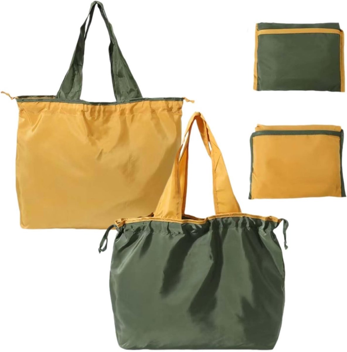 Herbruikbare boodschappentassen, 2 stuks, wasbaar en opvouwbaar, met trekkoord en handvat, groen en zeeblauw, ideaal voor winkelen, reizen en picknicks, 50x40cm