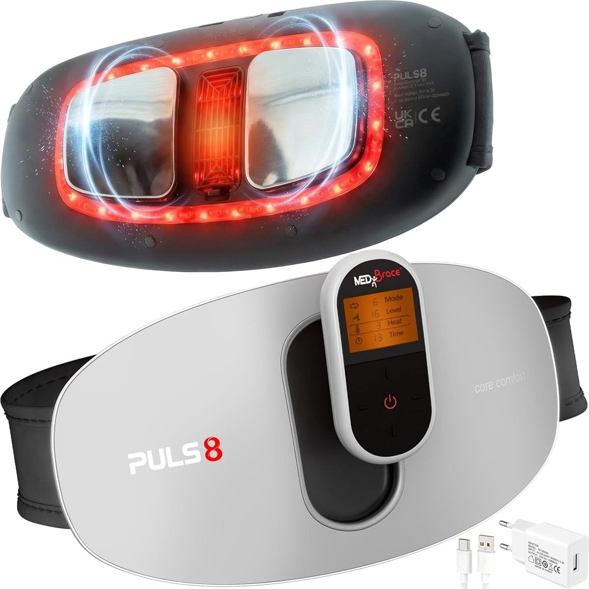 SnelShoppen - MEDiBrace PULS8 Verwarmde Massageband voor Onderrug & Buik - Draadloos, USB-C Oplaadbaar, Massage-Impulsen, Rode LED-Licht, Comfortabel
