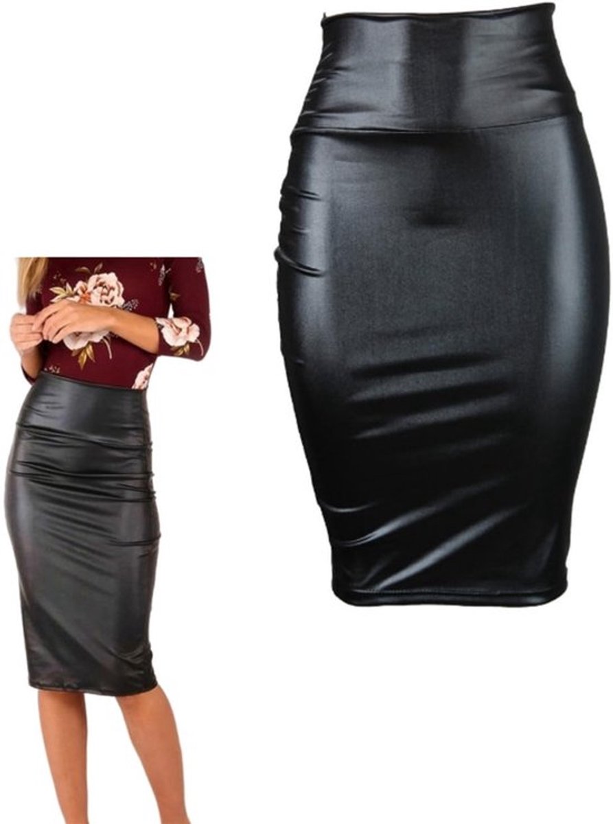 Midi Rok Hoge Taille - Kokerrok Dames - Bodycon Rok - Elastische Taille - Zwart Kunstleer - Comfortabel voor Werk