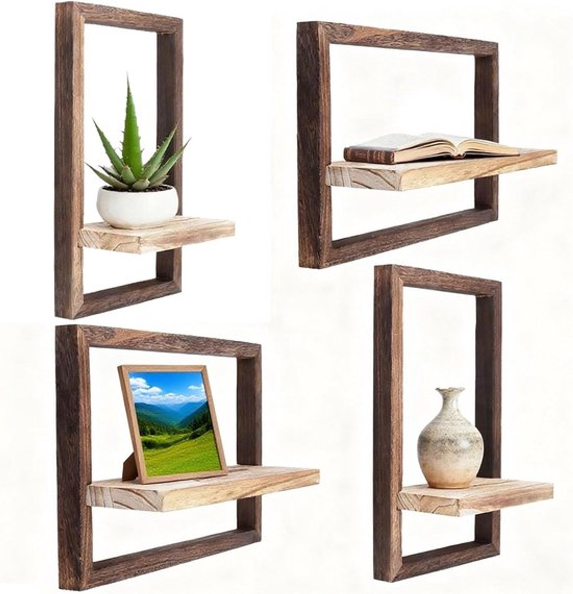Set van 4 Wandplanken van Hout, Drijvende Planken voor Woonkamer en Slaapkamer, Decoratieve Opbergoplossingen voor Thuis en Kantoor
