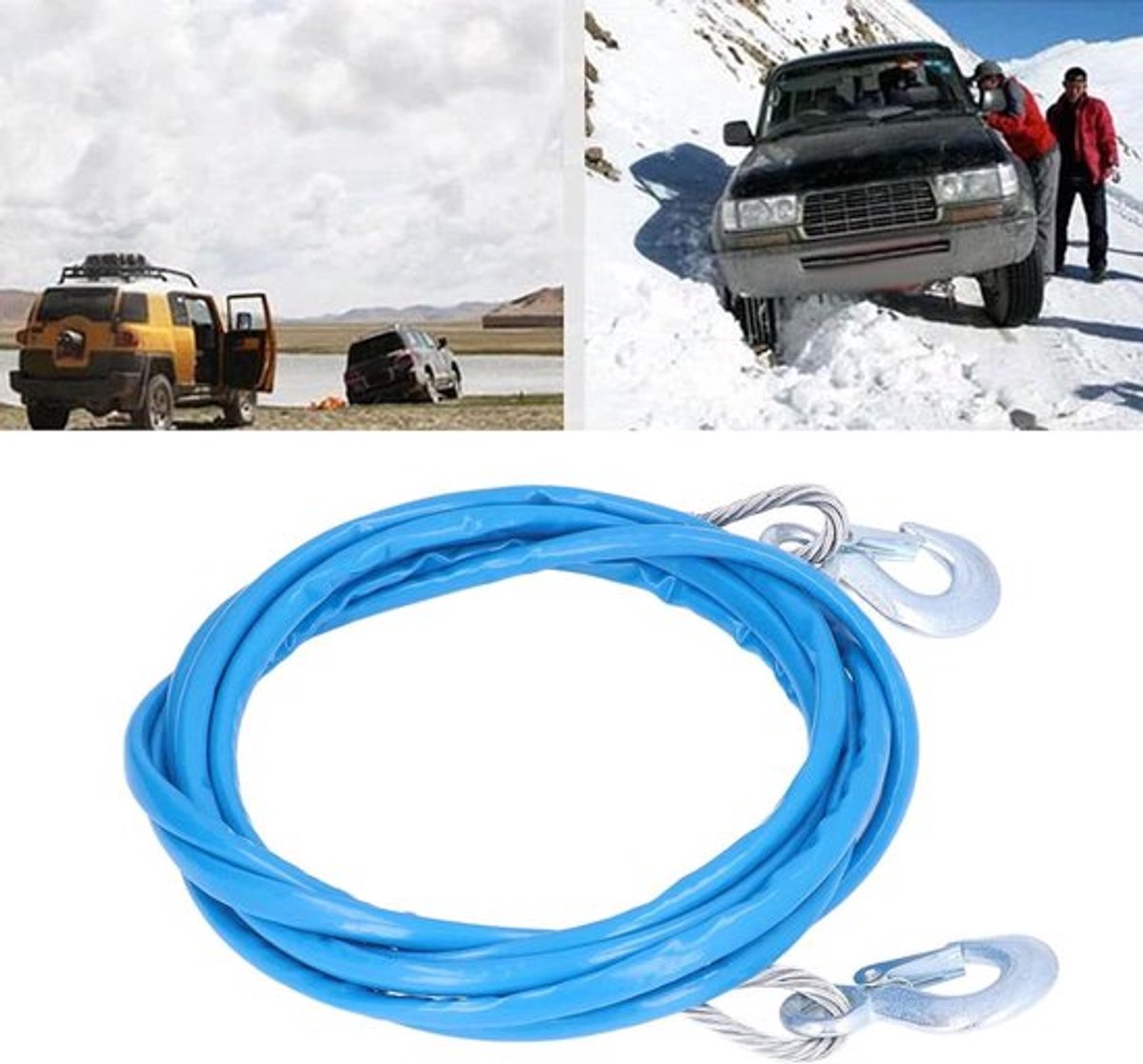 Stalen aanhangerkabel met haken voor auto's en terreinvoertuigen - 7000 kg capaciteit - 12 mm x 5 m - blauw.