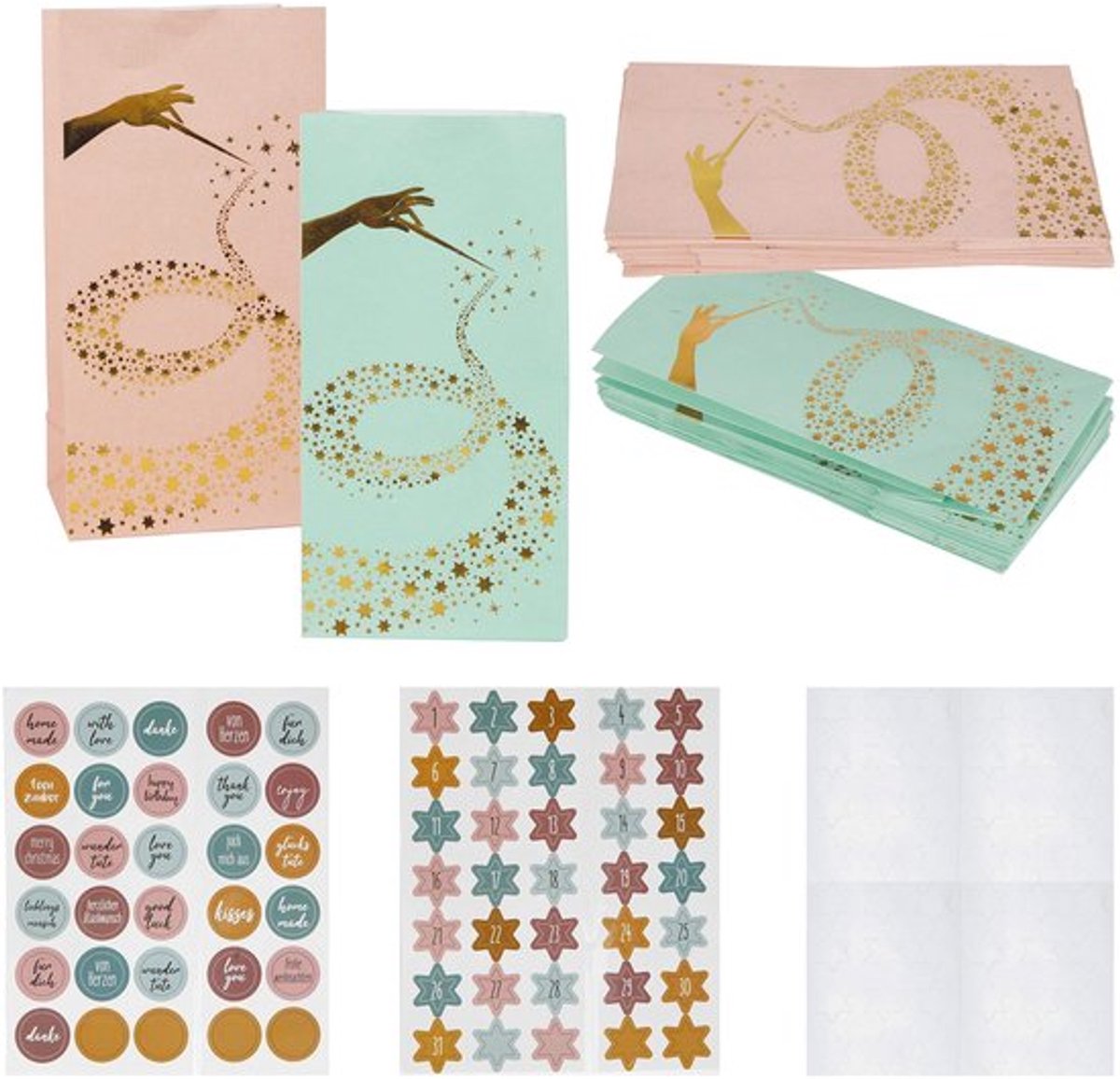 Geschenkzakjes 31 stuks - Papieren Zakjes Pastelkleuren - Stickervellen 114 Stuks - Adventskalender - Koekjeszakjes - Cadeautjes voor Kinderverjaardag - Cadeauzakjes