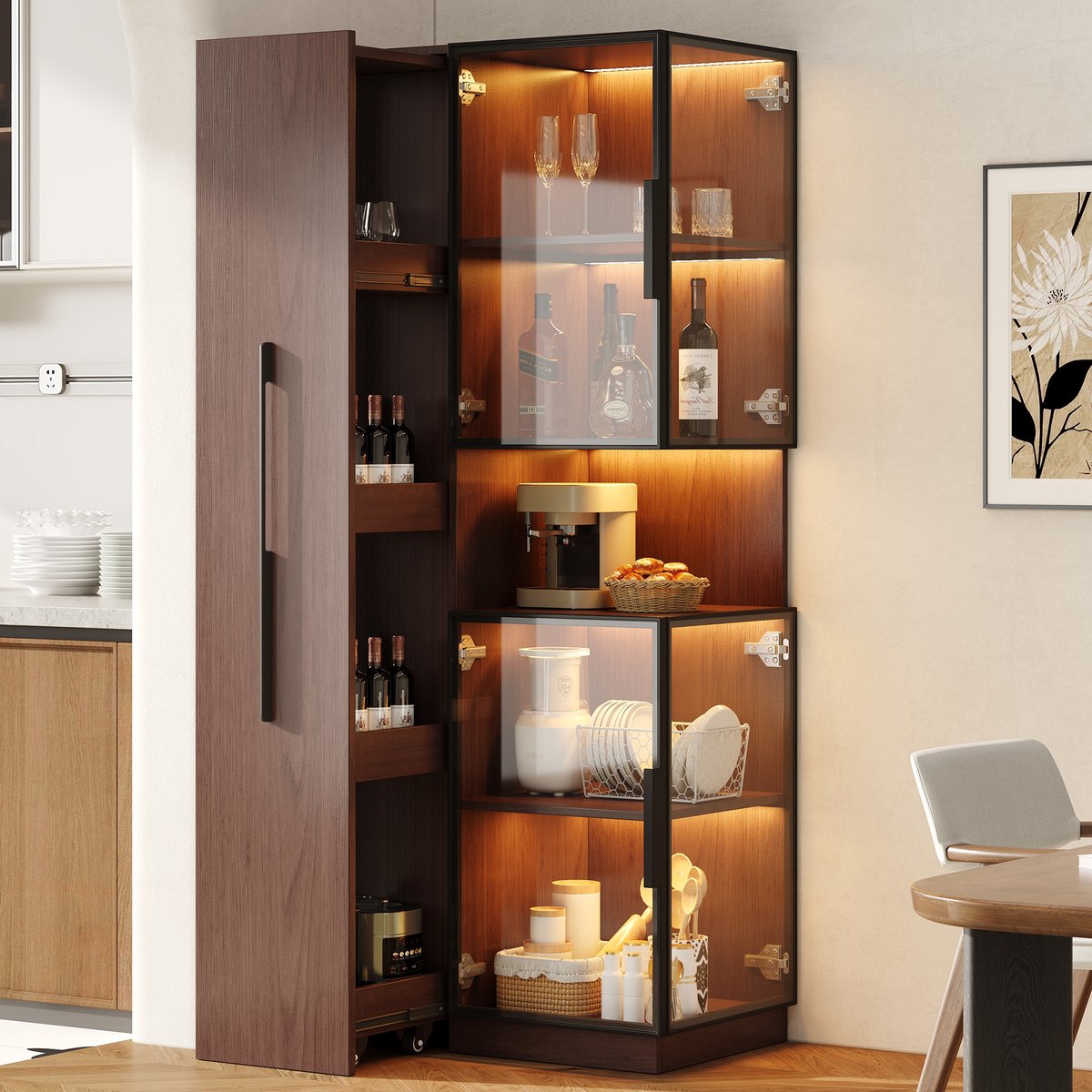 MODENUIT Buffetkast - Glasvitrine Met LED En Uittrekrek - Woonkamer - MDF Glas - 70x38x160 cm Walnootbruin