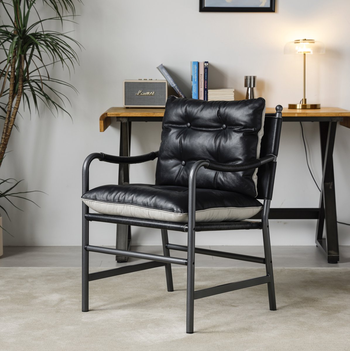 STILVORA Fauteuil 60 x 62 x 90 cm - Leren Fauteuil Met Armleuningen En Metalen Frame - Voor Woonkamer, Slaapkamer Of Kantoor - Zwart