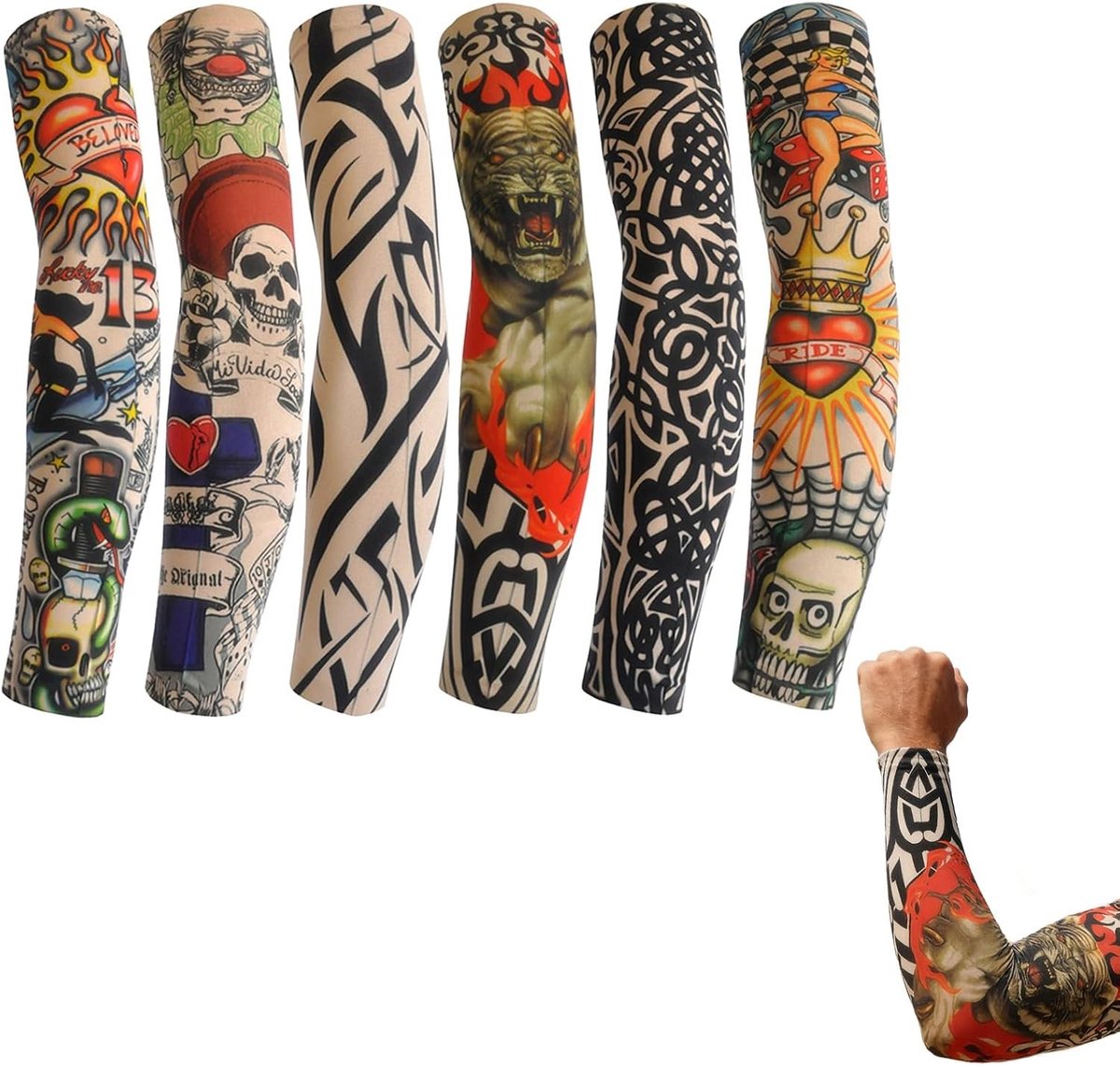 Set van 6 Neppatattoo Mouwen voor Mannen, Tijdelijke Tattoos, UV-Bescherming voor Kinderen en Volwassenen, Perfect voor Feestjes en Kostuums