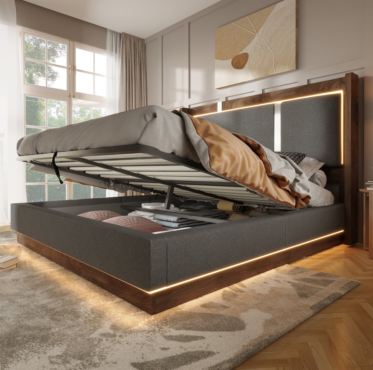 DESMIU Gestoffeerd Bed 180x200 cm – Tweepersoonsbed Met Ledverlichting – Hydraulische Opbergruimte – Stof Hout Metaal – Grijs Walnoot – Zonder Matras