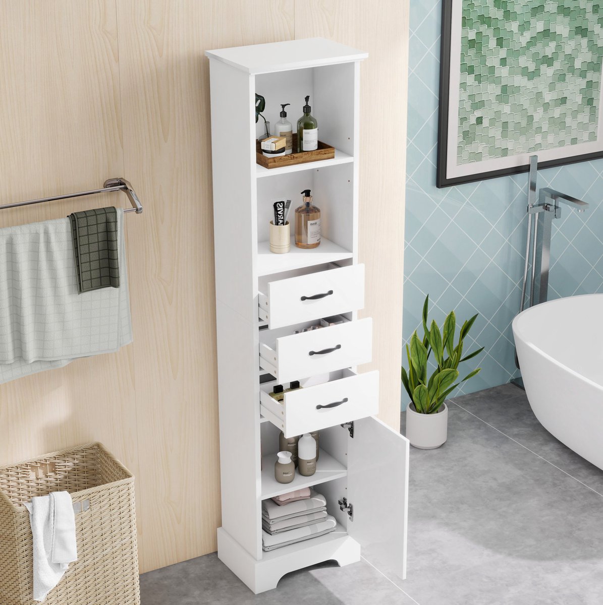 MODENUIT Badkamerkast - 3 Lades En Verstelbare Planken - Voor Badkamer - MDF - Wit - 38x26x172,5 Cm