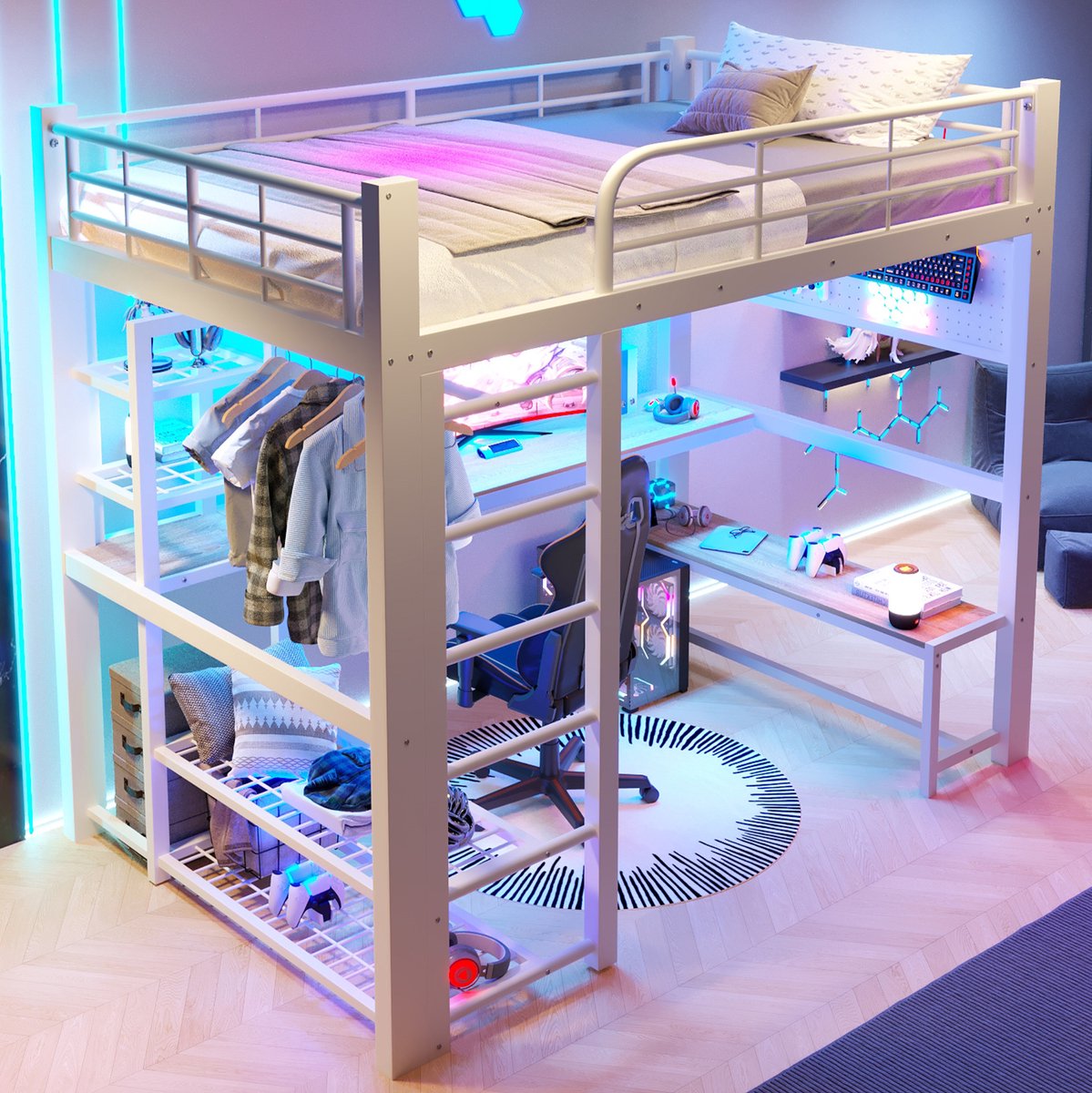 DESMIU Hoogslaper 140x200 cm – Met Bureau En Ledverlichting – Trap Met Opbergruimte En Hangpaneel – Voor Jeugdkamer – Metaal – Wit – Zonder Matras