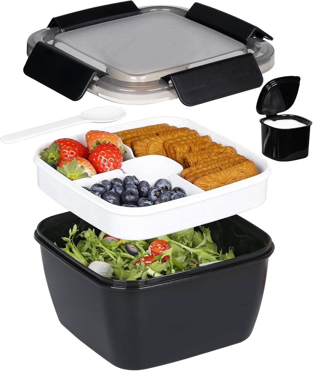 SnelShoppen - Greentainer Lunchbox Lekvrije Bento Box met Vork, Slacontainer met Dressinghouder, 3 Vakken, Saladebox-to-go, 1500 ml, Zwart voor School