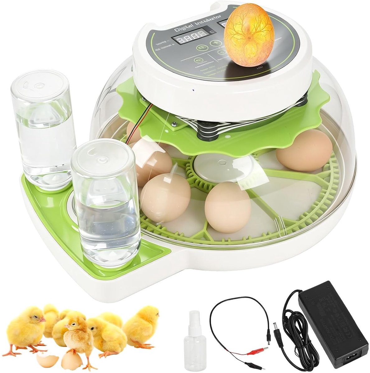 Broedbak voor 8 eieren met automatische omdraaiing, incubator met temperatuurregeling, vochtigheidsweergave en automatische watervulling voor kippen, eenden en kwartels. Perfect voor hobbyisten en professionals.