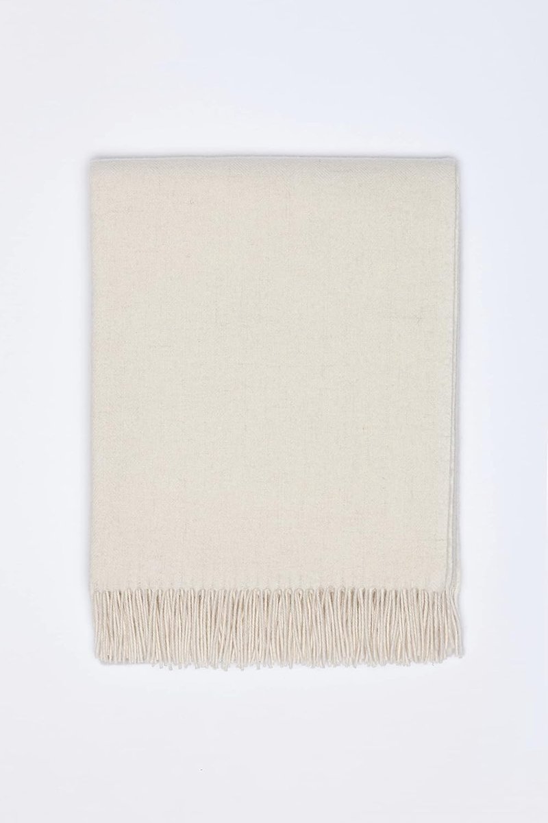 SnelShoppen - Wollen deken 100% pure merinowol 140 x 200 cm wolwit met visgraatpatroon en franjes - Zachte effen deken als sprei, bankdeken of voor op
