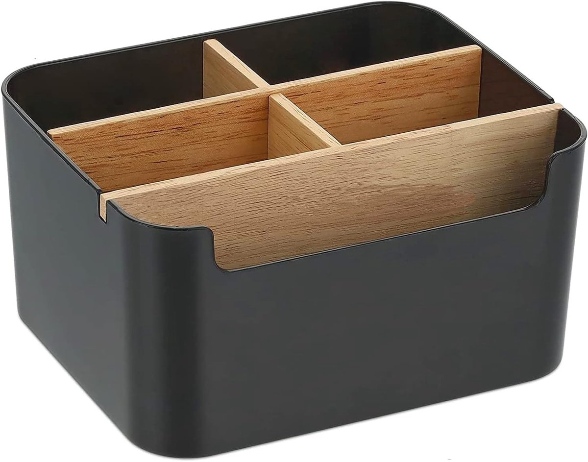 SnelShoppen - Bureau-organizer met 5 vakken, bamboe, zwarte opbergdoos, penhouder, ideaal voor pennen, cosmetica en notities, perfect voor bureau en k
