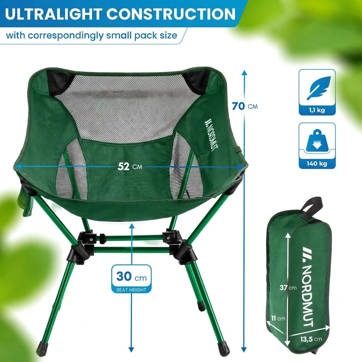 Kampeerstoel - Klapstoel Opvouwbare Stoel - Buitenactiviteiten - Ultralicht Compact - 1100 Gram - Groen