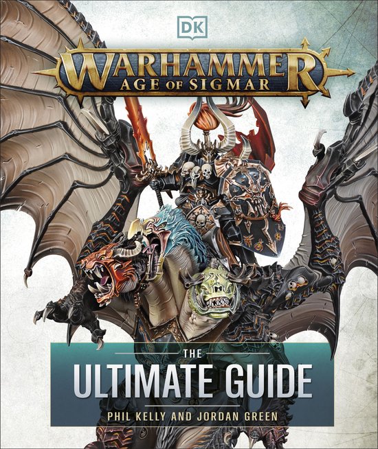 La couverture de Warhammer Age of Sigmar : The Ultimate Guide, avec un guerrier sur un monstre à trois têtes, entouré d'êtres démoniaques et le titre 'The Ultimate Guide'.