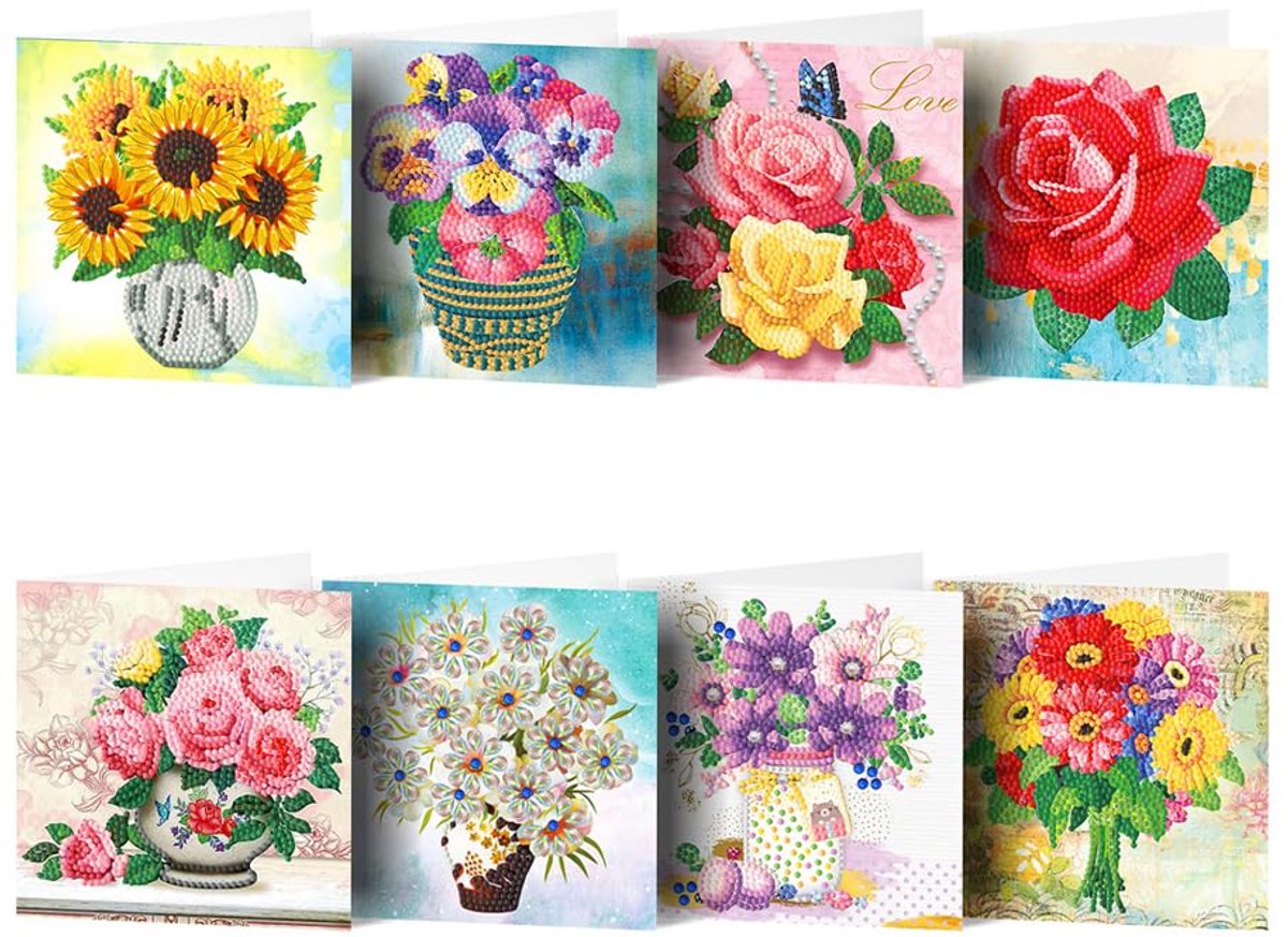 YYchan Diamond Painting Kaarten Set van 8 - DIY Wenskaarten Inclusief Enveloppen - 15x15 cm - Verjaardag & Feestdagen - Vazen