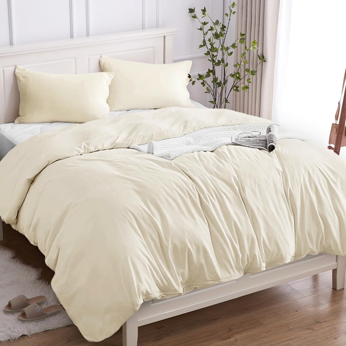 SnelShoppen - Cotopuro Beddengoed 200 x 200 cm, 3-delig, 100% Katoen, Ademend Dekbedovertrekset met 2 Kussenslopen 50 x 80 cm, Lichtbeige, Hypoallerge