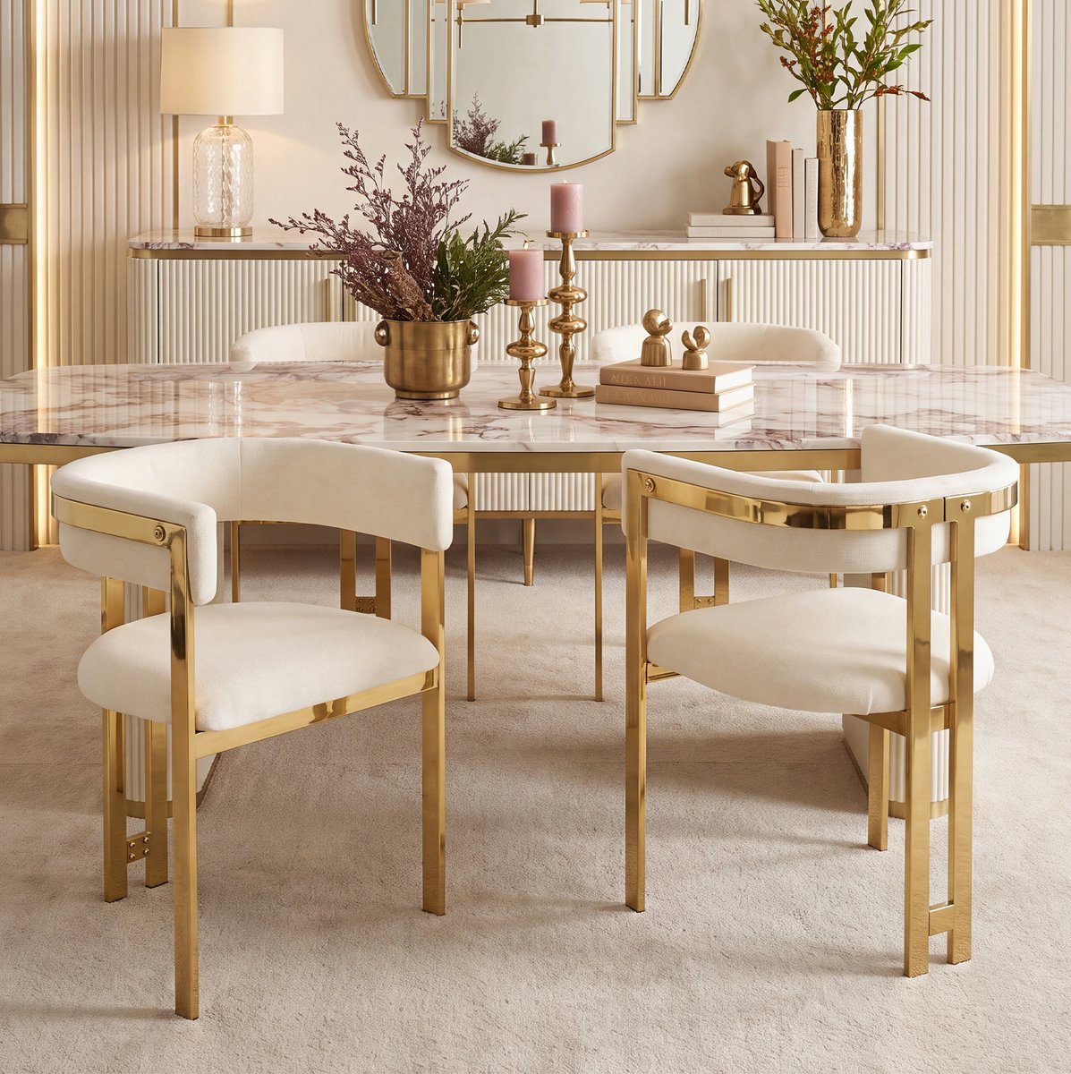 HAUSS SPOLE Eetkamerstoel - Set Van 4 - Met Armleuningen En Halfronde Rugleuning - Voor Eetkamer, Woonkamer En Café - Chenille Beige Goud